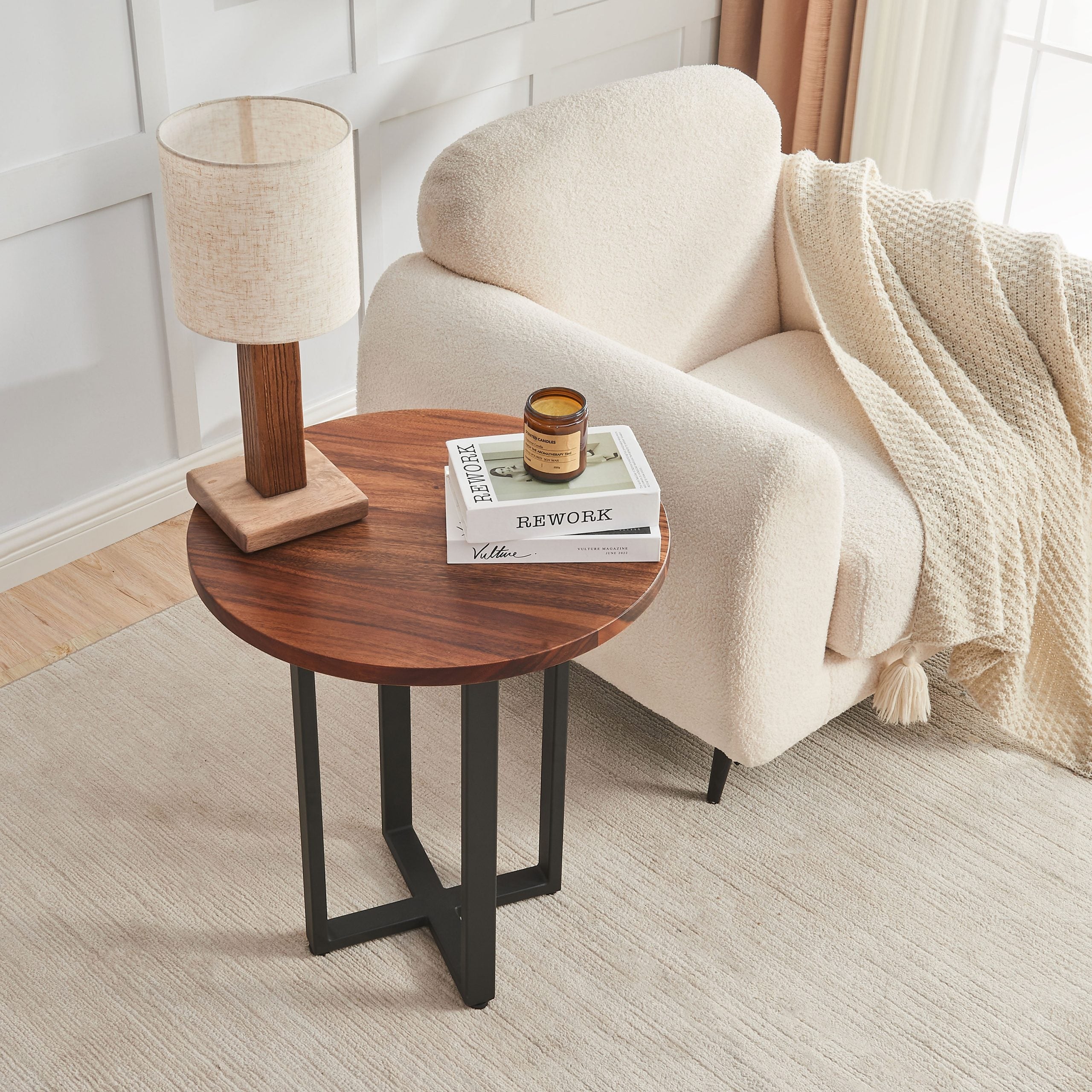 EarthyGrain Round End Table - Solid Walnut & Steel Side Table