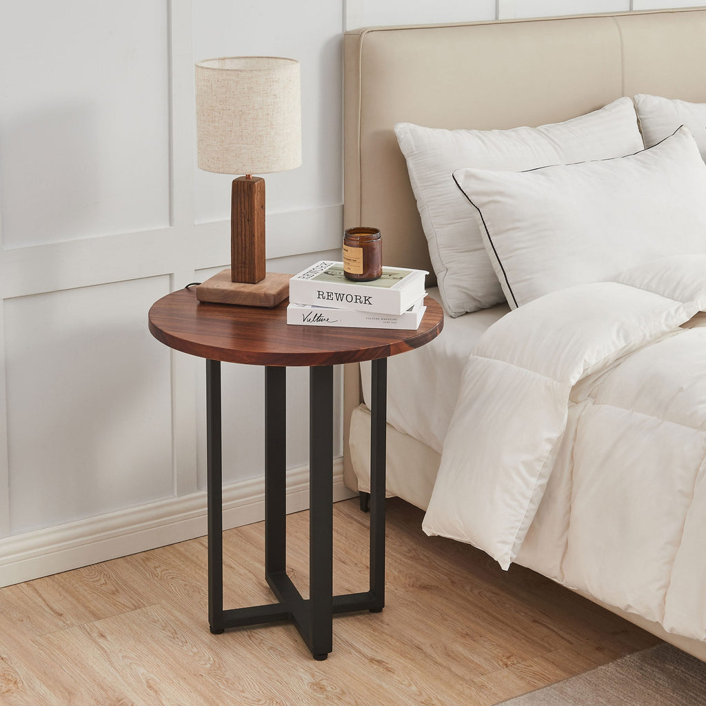 EarthyGrain Round End Table - Solid Walnut & Steel Side Table