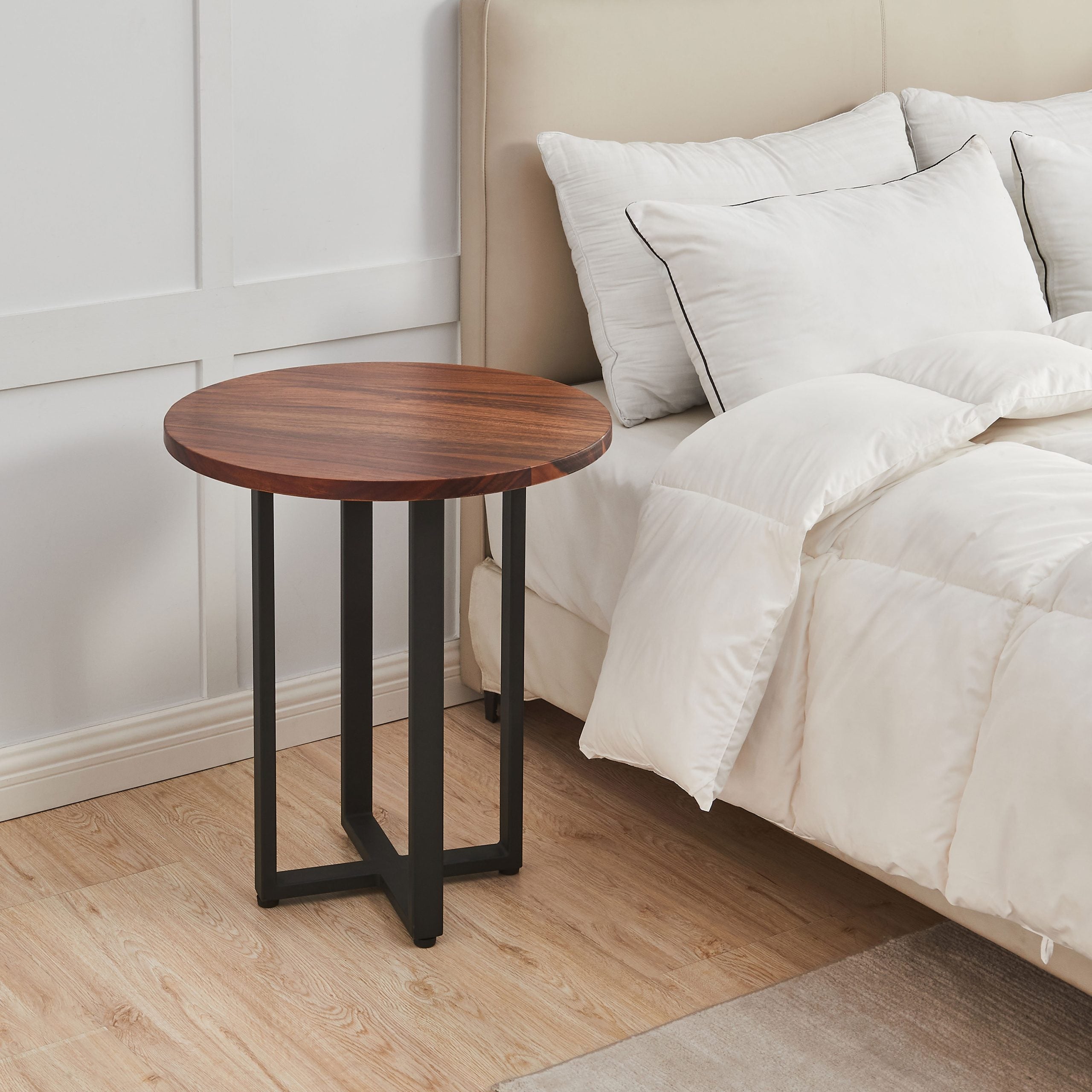 EarthyGrain Round End Table - Solid Walnut & Steel Side Table