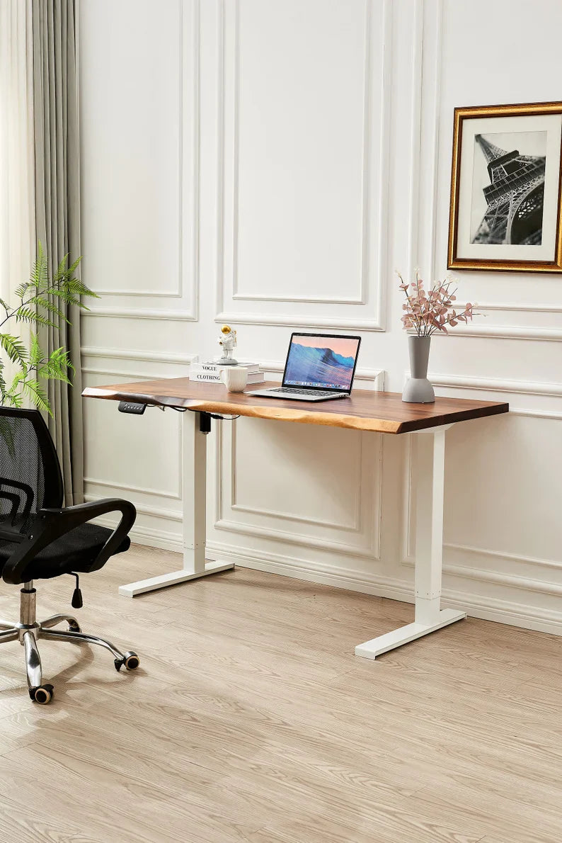 EarthyGrain Motorized Adjustable Standing Desk - White Frame & Live Edge Walnut