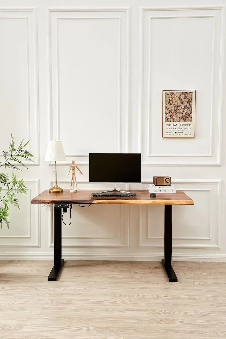 EarthyGrain Motorized Adjustable Standing Desk - Black Frame & Live Edge Walnut