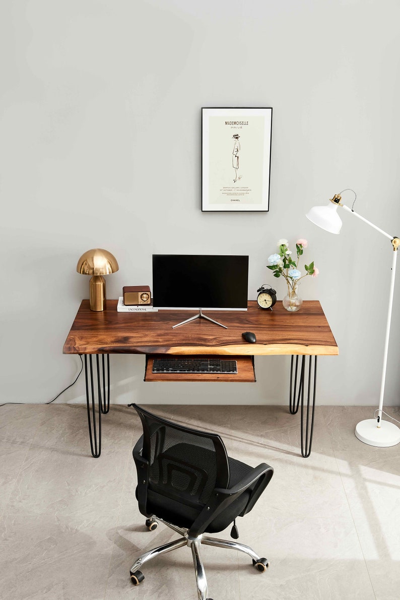 EarthyGrain Live Edge Desk with Hairpin Legs - Mid-Century Modern Workspace