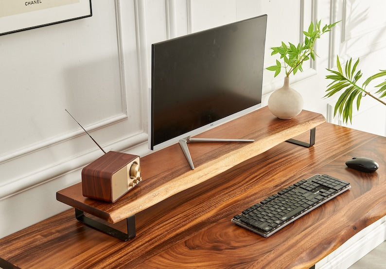 EarthyGrain Ergonomic Live Edge Monitor Stand - Solid Walnut Desk Organizer