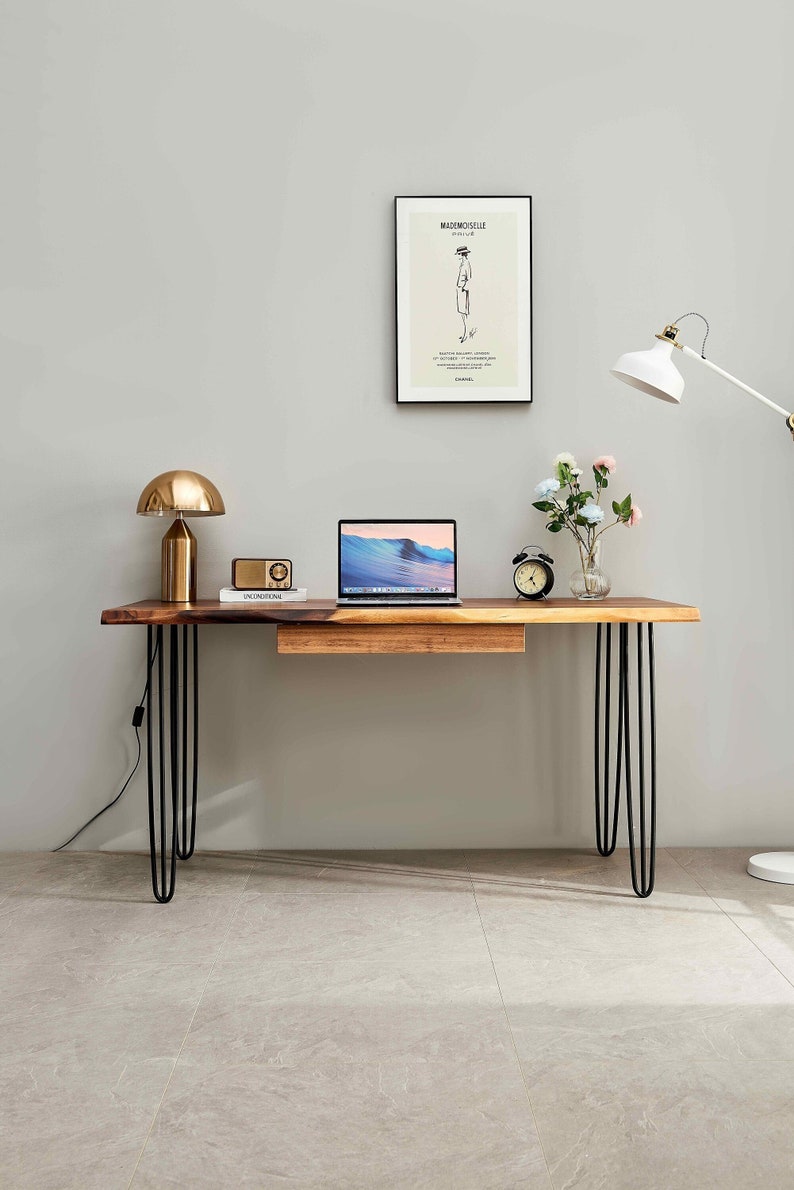 EarthyGrain Live Edge Desk with Hairpin Legs - Mid-Century Modern Workspace
